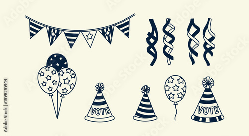 Election Campaign Celebration Design Elements Set with Vote Party Hats Bunting and Star Balloons.