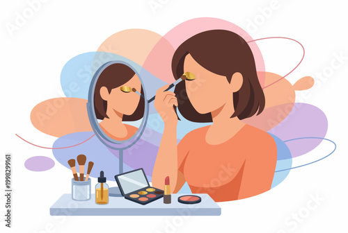 Woman applying makeup in front of a mirror flat vector illustration