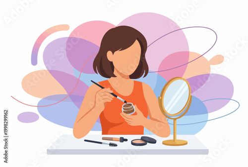 Young Woman Applying Brow Makeup in Front of a Mirror