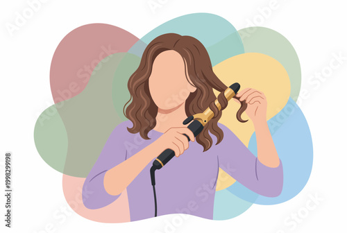 Woman styling her hair with a curling iron vector illustration