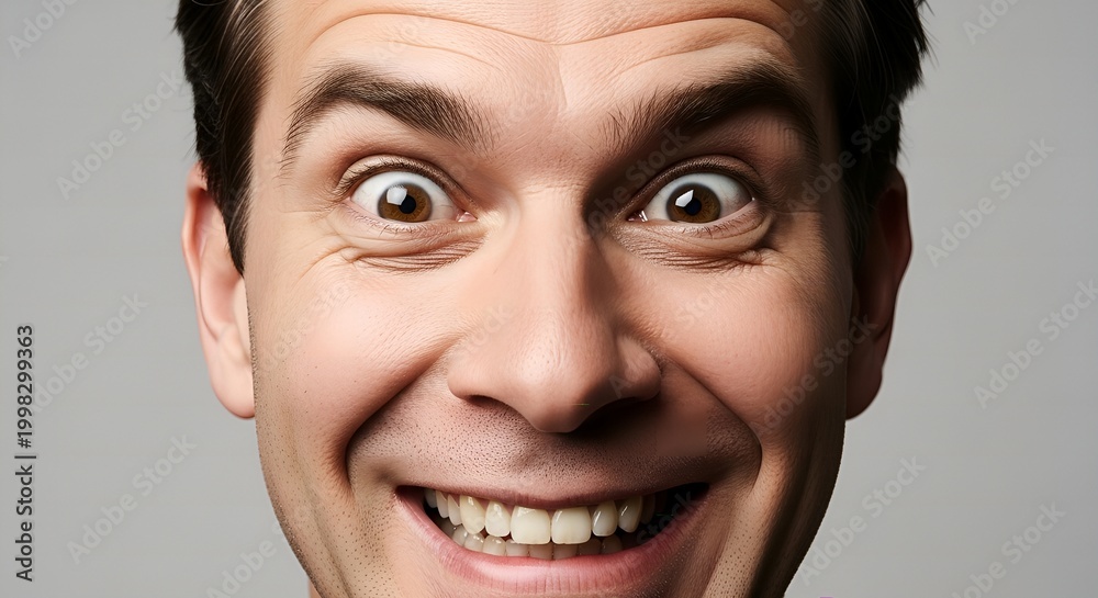 Fototapeta premium Close Up Extreme Wide Eyed Exaggerated Smile Portrait of a Man