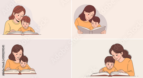 Loving mother and young son reading an engaging storybook together, fostering early childhood education concept and strong family bonding