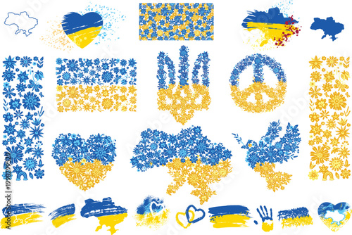 Vector set of Ukrainian national symbols and shapes composed of blue and yellow decorative flowers