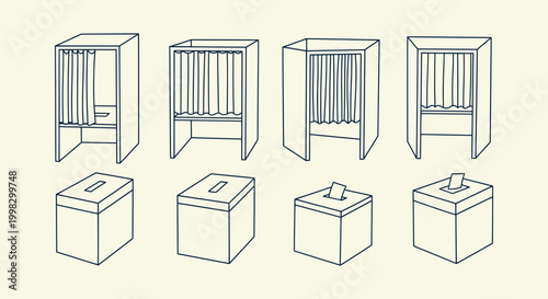 Set of voting booth and ballot box line art icons for election and democracy concept illustrations