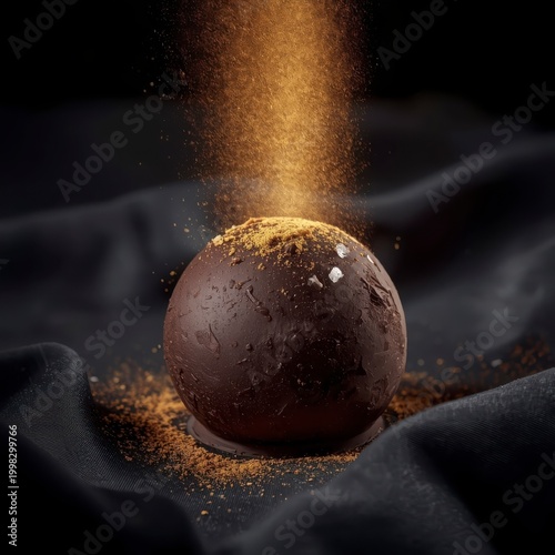 Luxury dark chocolate truffle being dusted with gold powder, dynamic macro shot of gourmet cocoa dessert with golden sparkles.