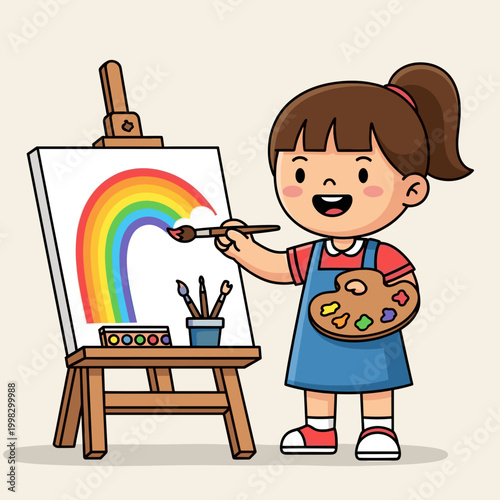 Happy cartoon girl painting a colorful rainbow on an easel with a brush and palette for childhood creativity concept and artistic learning