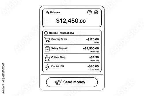 Mobile banking app showing balance and recent transactions Vector
