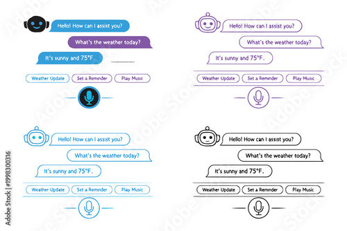 Modern voice assistant interface showing weather updates and commands Vector