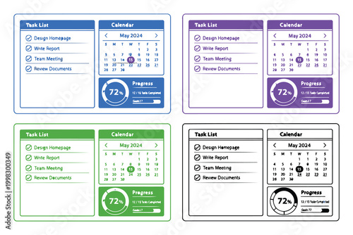 Digital task list and calendar interface mockups with progress indicators Vector