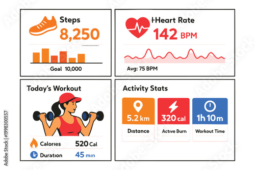 Fitness dashboard with steps, heart rate, workout stats and activity tracker Vector