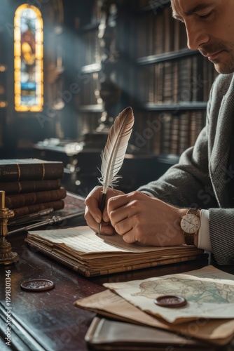 Close-up of Scholarly Author Hands Writing with Quill Pen on Vintage Documents with Magnifying Glass