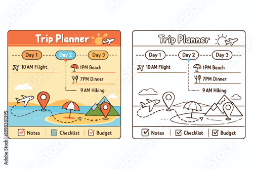 Colorful and minimal trip planner infographic with daily itinerary and icons Vector