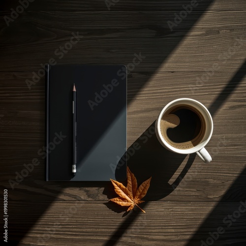 Minimalist Top Down Flat Lay of Black Notebook and Pencil on Wooden Desk with Modern Lighting Shadows