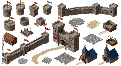 Isometric medieval castle constructor kit, stone fortress wall and tower vector elements, ancient kingdom building set for game design
