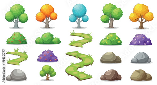 Cartoon nature game assets collection, 18 colorful vector trees bushes and rocks, stylized landscape environment elements for mobile gaming UI