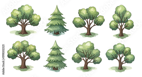 Stylized green tree vector set, collection of 8 hand-drawn deciduous and coniferous trees, organic forest nature icons for game design and landscaping