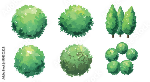 Watercolor green bush vector set, hand painted garden shrub collection, organic foliage landscape elements for architectural visualization and game design