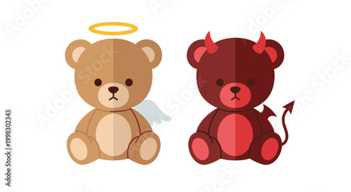 Cute teddy bear angel and devil sitting together, illustration with copy space