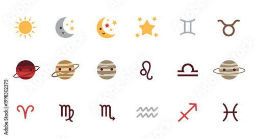 Cute Zodiac Constellations and Planets Icons with Sun and Moon, Vector Art