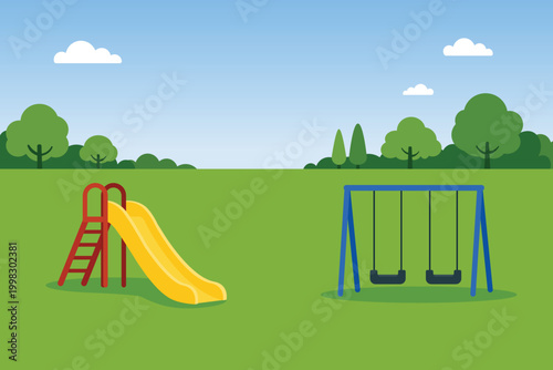 Public park playground with yellow slide, blue swing and green field vector illustration.