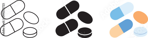 Pills and Capsules Icon Set Vector – Medicine Tablets Flat, Solid and Outline Styles