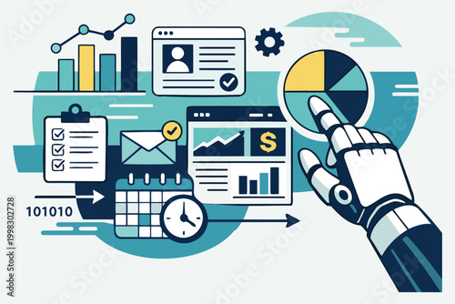 Robot hand analyzing business data with charts and graphs Vector
