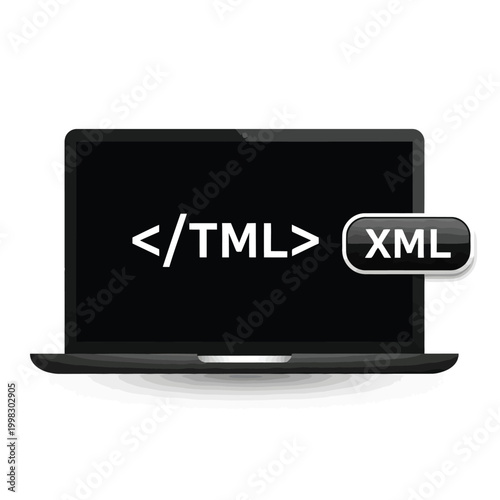 Laptop displaying html and xml code on its screen with a visual tag comparison.