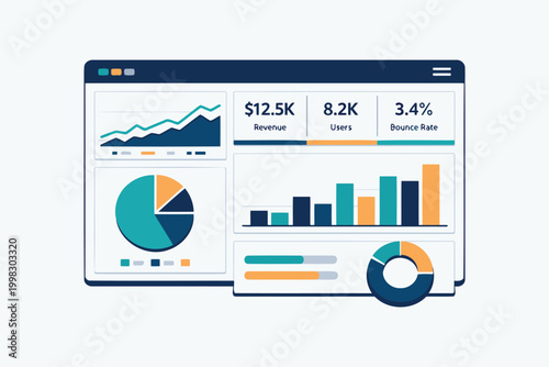 Modern dashboard showing analytics with revenue users and bounce rate charts Vector
