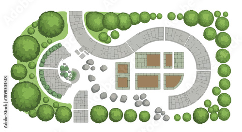 Landscape design plan vector illustration, garden architectural layout with stone paths and green trees, backyard landscaping blueprint for park
