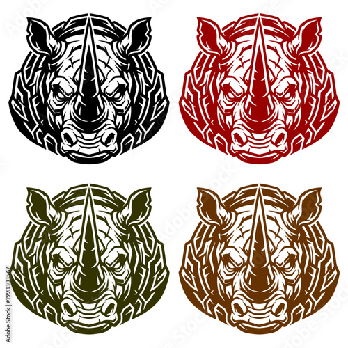 High quality rhino mascot head illustration set for sports teams gaming logos and apparel design featuring four color variants of an aggressive rhinoceros
