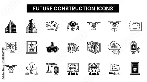 Future Construction Icons in Minimalist Style with Innovative Mood