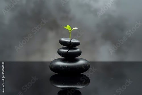 Small green sprout growing through a stack of balanced black zen stones, concept of resilience, hope, and new beginnings.