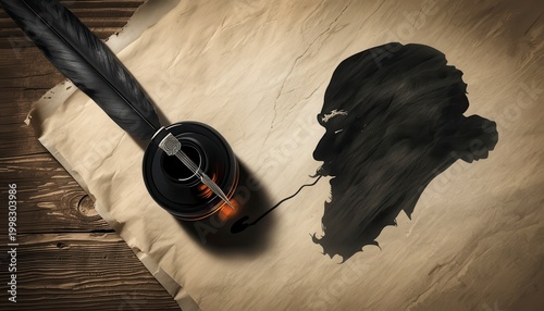 Vintage quill pen and inkwell on old parchment with black ink spill forming a man's profile silhouette