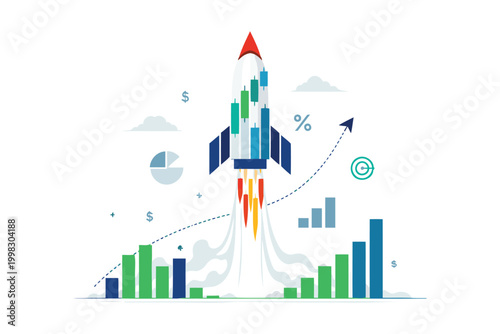 Rocket launching with growth chart and percentage sign Vector