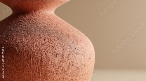 Minimal 3D render of sculptural vessel in terracotta brown, matte texture, placed against warm faded beige background, refined luxury atmosphere with copy space. Modern ceramic course.