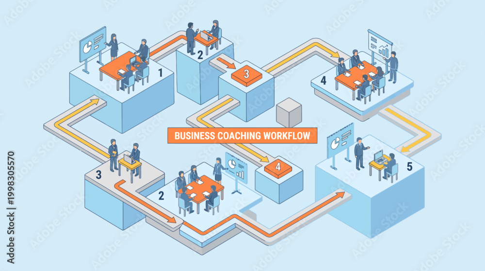 Obraz premium Isometric Business Workflow with Connected Teams and Processes.