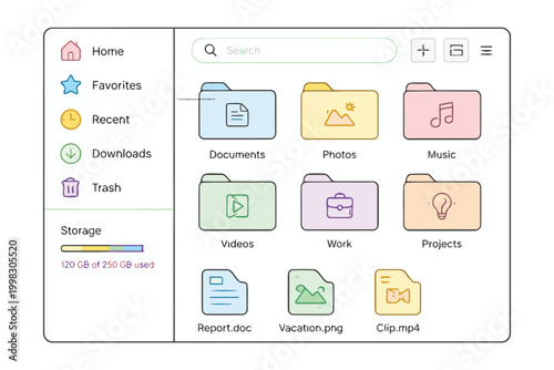 Modern file explorer interface with storage folders and documents Vector