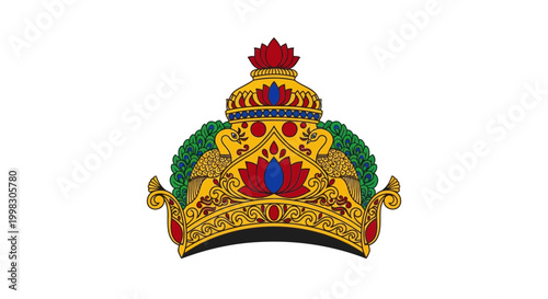 Royal Crown with Peacock Emblem, Indian Tradition, Golden Ornate Headwear