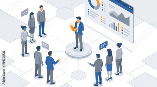 Isometric illustration of a business meeting with a presenter and team members.