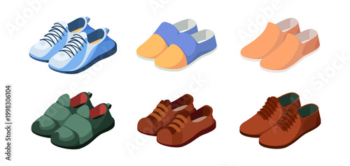 Sport footwear collection for everyday use. Vector isolated comfortable sneakers. Shoes for daily activity and urban lifestyle. Casual fashion and comfort moccasins for street style