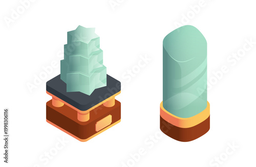 Glass trophies set. Vector isolated awards standing on bases in various shapes. Elements of achievement, corporate recognition and ceremonial prizes. Celebration, accomplishment and prestige