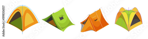 Classic pyramid shaped camping tents. Vector isolated isometric traditional outdoor shelters for hiking, wilderness lifestyle and survival activities. Bivouac construction for tourism and travel