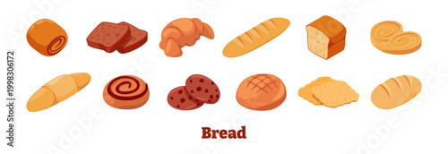 Bakery food assortment. Vector isolated isometric set of loaf, bread and baguette, croissant and bun, cracker and pastry items. Daily nutrition and carbohydrate source. Shop or cafe menu elements