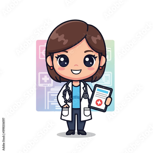 Cute Doctor Woman Holding Medical Chart and Stethoscope.