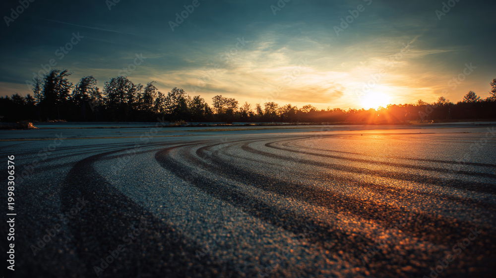 Fototapeta premium Asphalt surface with tire skid marks and sun flare during a golden sunset, silhouetted trees on horizon