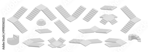 Various stair types set. Vector spiral and circular, classic and monument style steps. Architectural diversity and design. Isometric building structures, interior planning and architecture