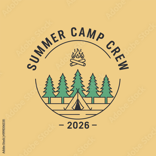 Summer camp crew 2026 vintage badge with pine trees and campfire, camping t-shirt design