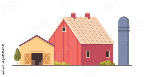 Farm buildings exterior with greenery. Vector bunkhouse for accommodations of farmworkers. Tall, cylindrical structure for storing silage, grain or feed. Barn for farming equipment and tools