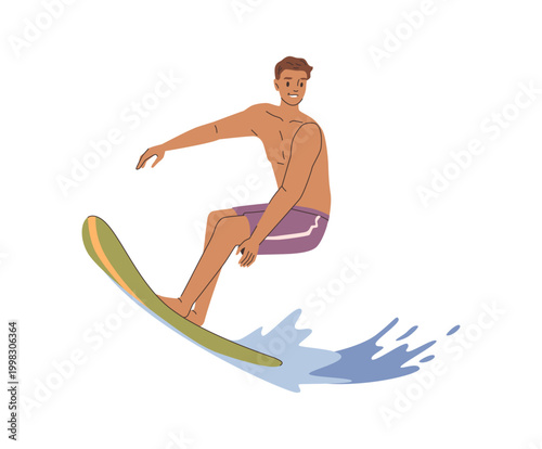 Surfer sports and summer hobbies and activities. Vector in flat style, isolated male personage on board taming sea waves. Summertime extreme sportive activity, recreation and leisure of champion