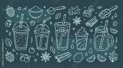 American Drink Vintage 1930s Rubber Hose Style Blue Raspberry Slushie and Frozen Summer Beverage Doodle Set